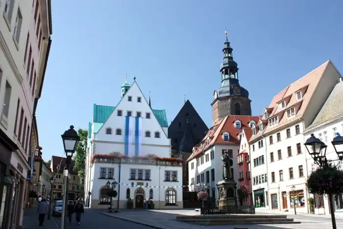 Eisleben - Lutherstadt Eisleben, town square with the town hall, Luther memorial and St. Andreas church