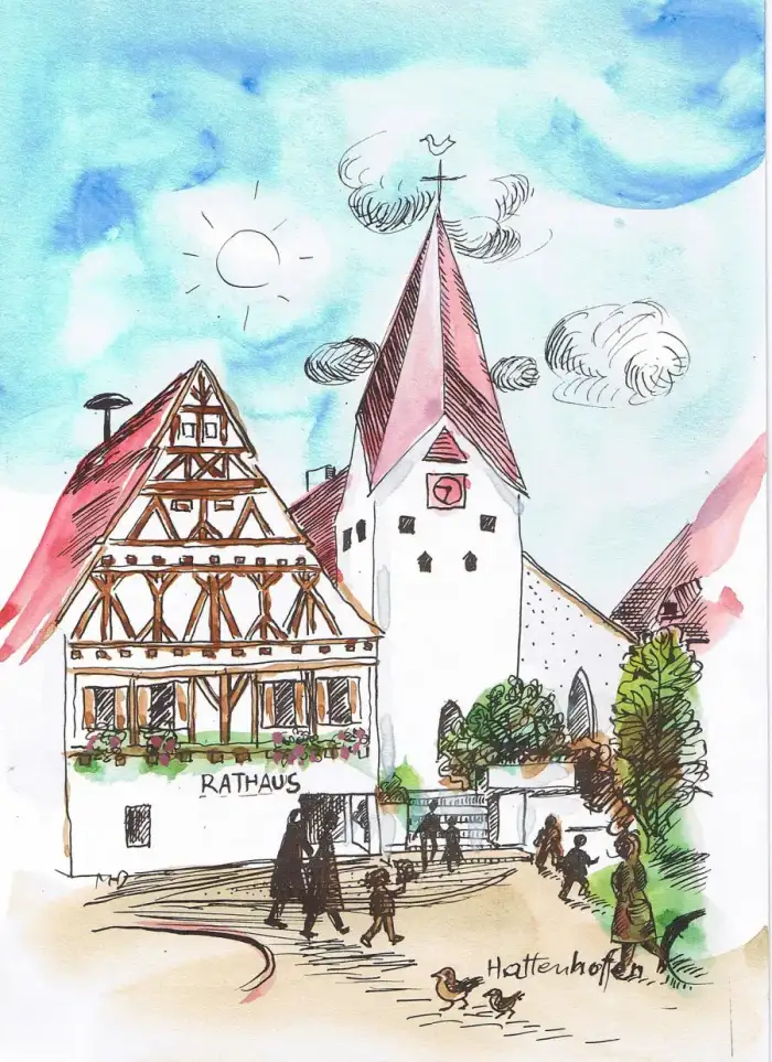 Hattenhofen - Hattenhofen Margret Hofheinz-Döring colorierte Zeichnung