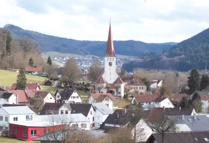 Lahr/Schwarzwald - Kuhbach b. Lahr - Ortsansicht mit Pfarrkirche - 2010-02-20 (Landschaftsbild)